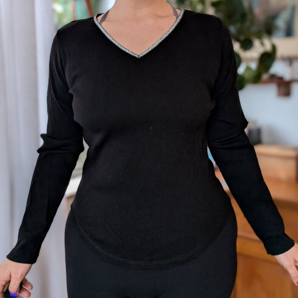 Liz Claiborne - Vintage Y2K Metallic flash v-neck, ribbed long sleeve - Large